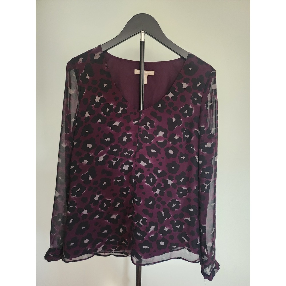 Banana‎ Republic Purple Black Leopard Print Sheer V-Neck Blouse Medium